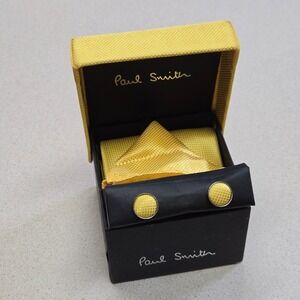 Paul Smith Handmade Silk Tie Set Yellow W/ Pocket Square and Cufflinks, 57" x 4"